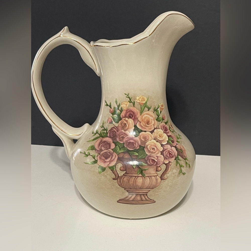 10” Belk's All For You Ceramic Water Pitcher  Floral Earth Tone Roses